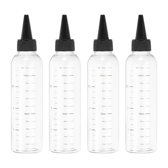 Uxcell 110 ml/4 OZ Plastic Squeeze Bottles with Black Top Cap, 4 Pcs Graduated Dispensing Bottle Pointed Bottle for Liquids, Crafts, Oils,Transparent