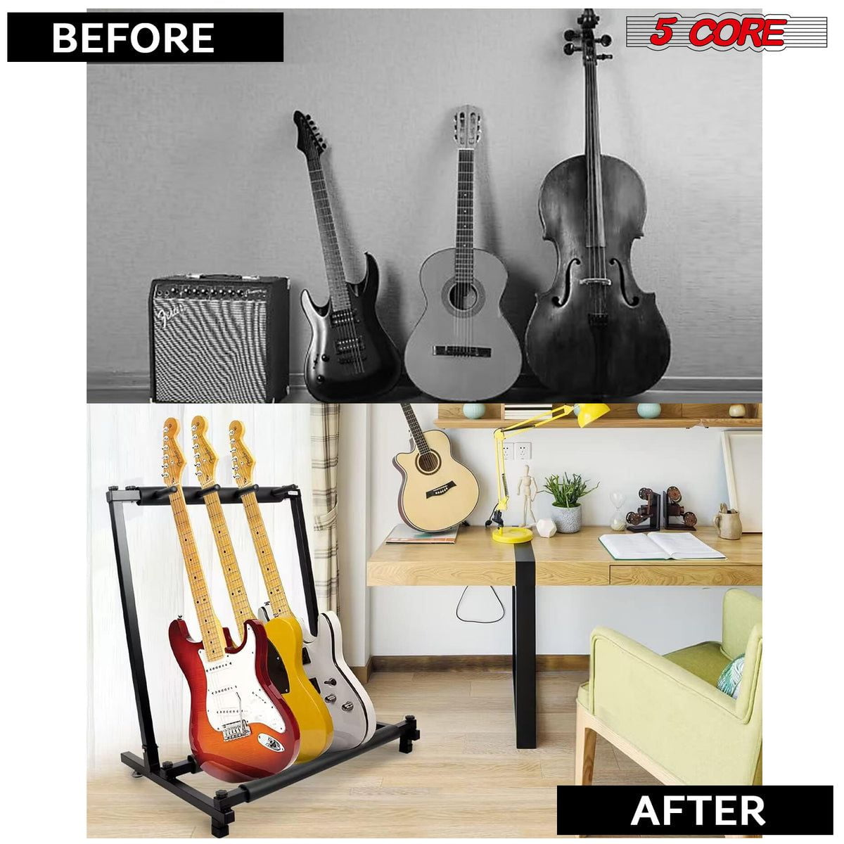 Guitar Rack 3 Slot Multi Guitar Stand Triple Display Floor Stand Safe Storage Foldable Portable for Electric Acoustic Flying V Guitars - GRack 3N1