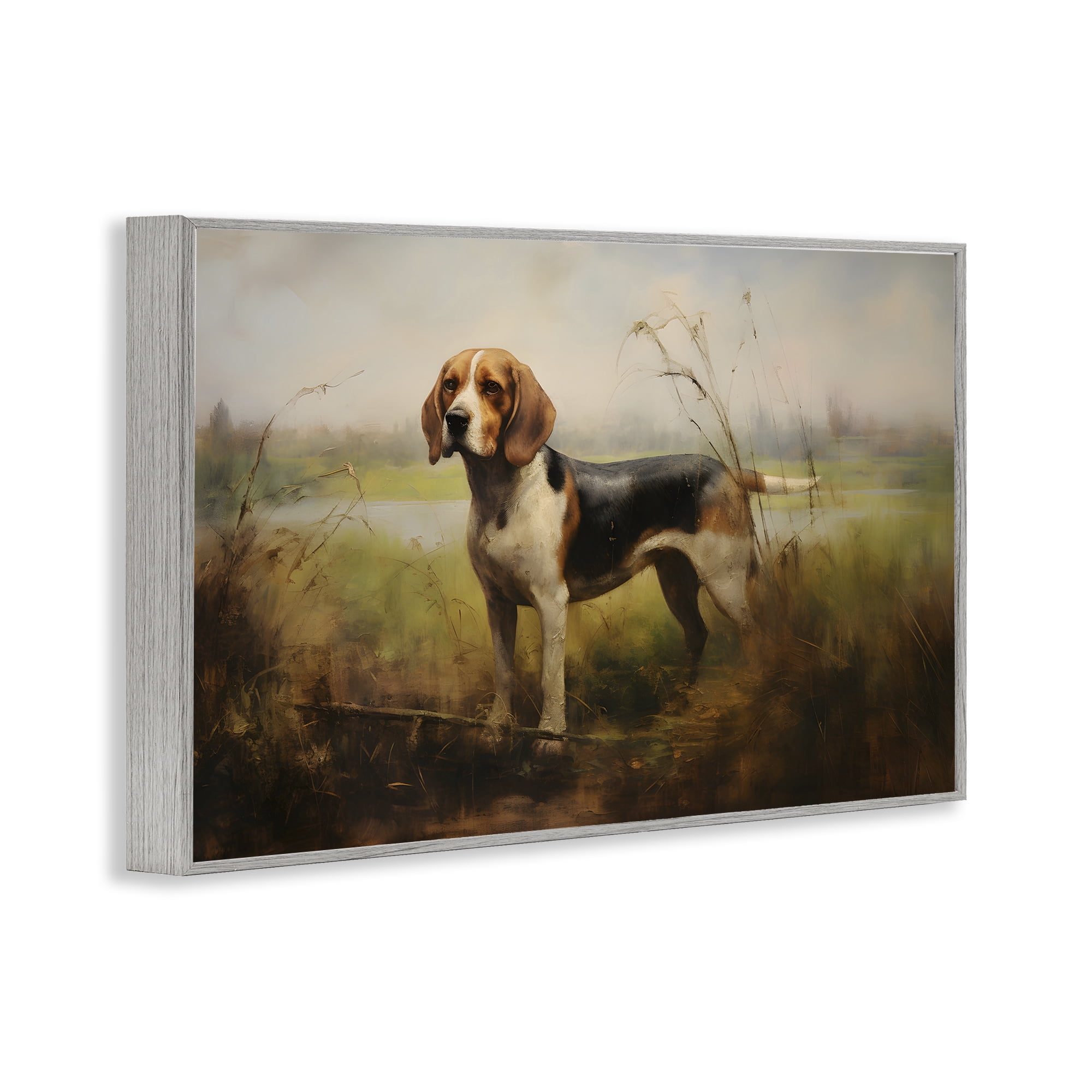 Stupell Industries Beagle Dog Rural Field Landscape Painting Gray Framed Art Print Wall Art, 24 x 16
