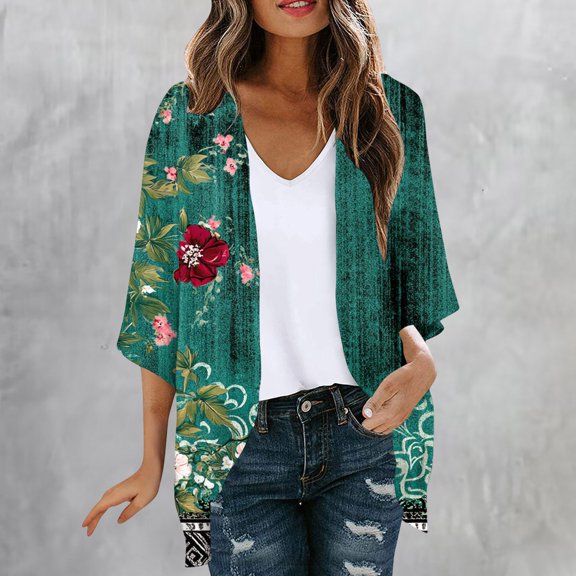 AGWOLF Light Weight Cardigan Women Boho Floral Print Open Front Cardigans 3/4 Sleeve Chiffon Kimono Cardigans for Women Beach Boho Coverup L