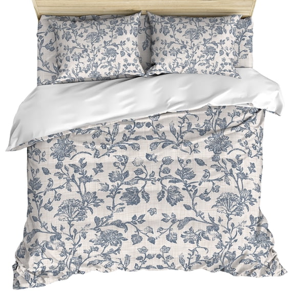 Blue Floral Duvet Cover Set, Farmhouse Vintage Flower Leaf Botanical Soft Duvet Cover Full Size Bedding Set 4 Pieces, 1 Quiltcover and 2 Pillowcases with Zipper, 1 Bed Sheet for All Seasons