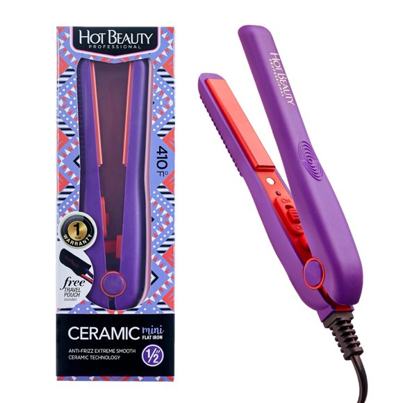 Hot Beauty Mini plancha plana de cerámica profesional de 1/2 pulgadas, antiencrespamiento, calentamiento rápido, estilo versátil para cabello rizado y liso, ideal para viajar con bolsa de viaje (viole