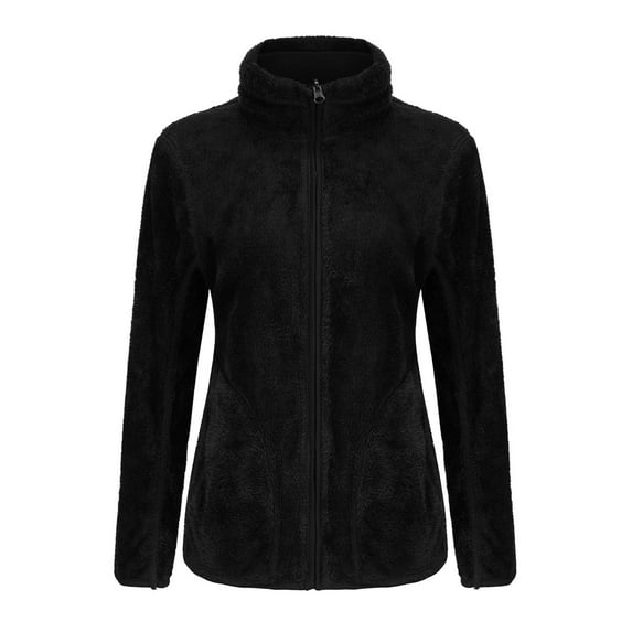 Women's Sherpa Long Sleeve Mock Neck Full-Zip Jacket Cardigan Coat Black L