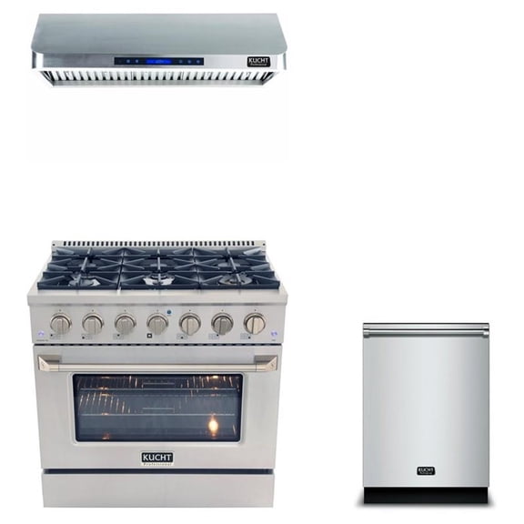 Kucht Professional Bundle 36" Gas Range and Range Hood with Dishwasher in Silver