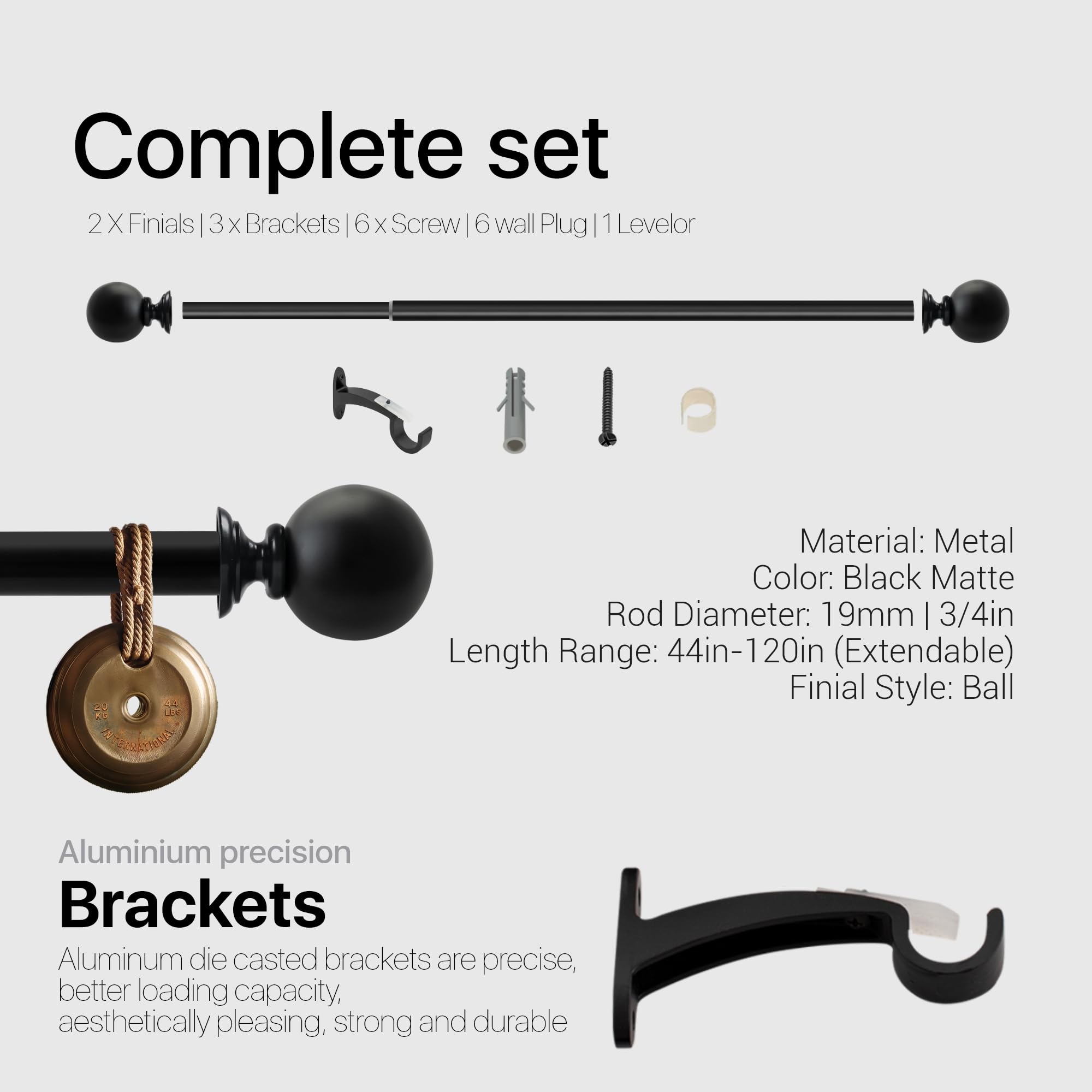 Deco Window Modern 1 Inch Ball Ball Adjustable Single Curtain Rods, 44 Inch - 120 Inch