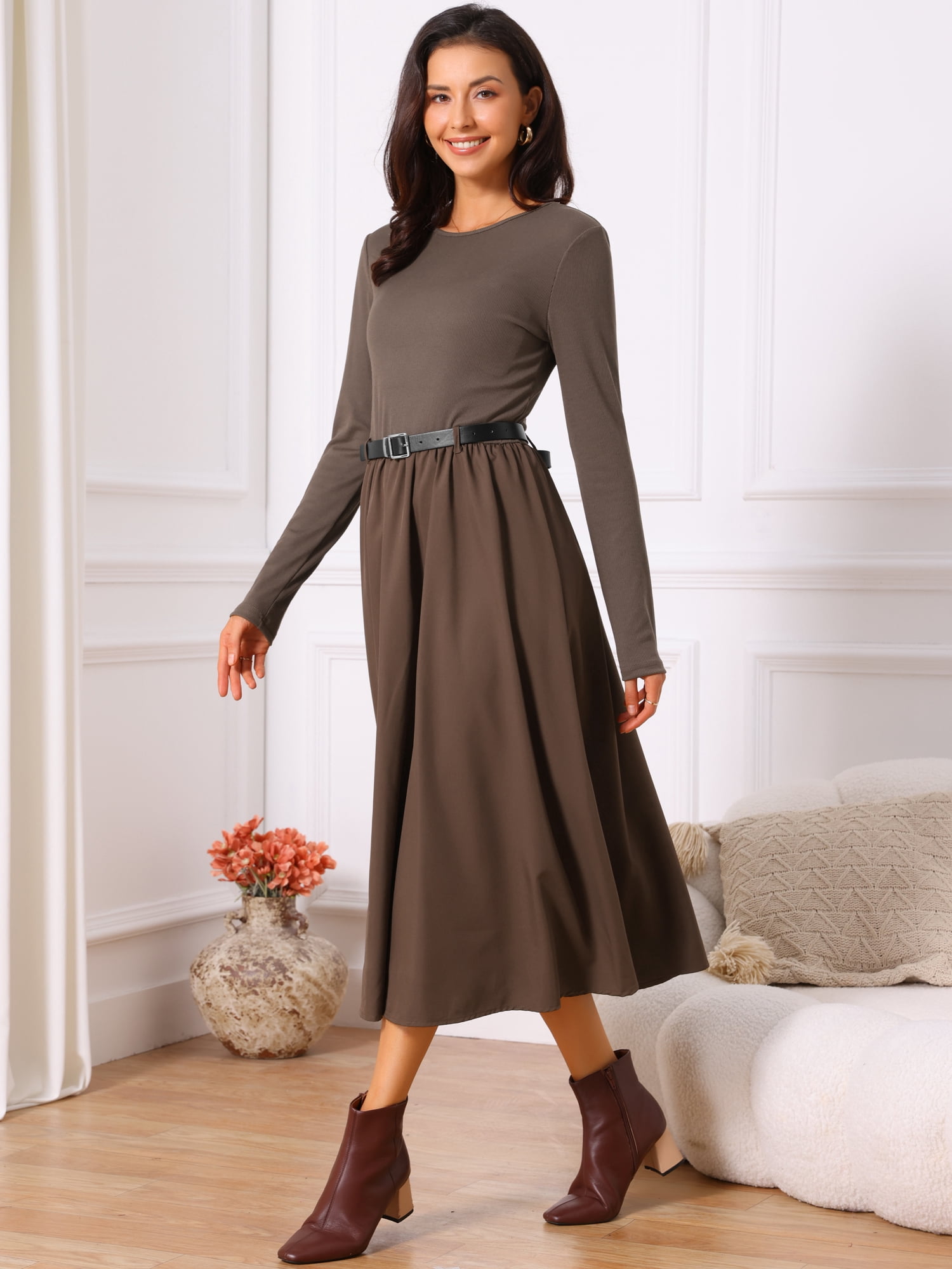 DARING DIVA Midi Dress Crewneck Long Sleeve Flowy Dress L Coffee