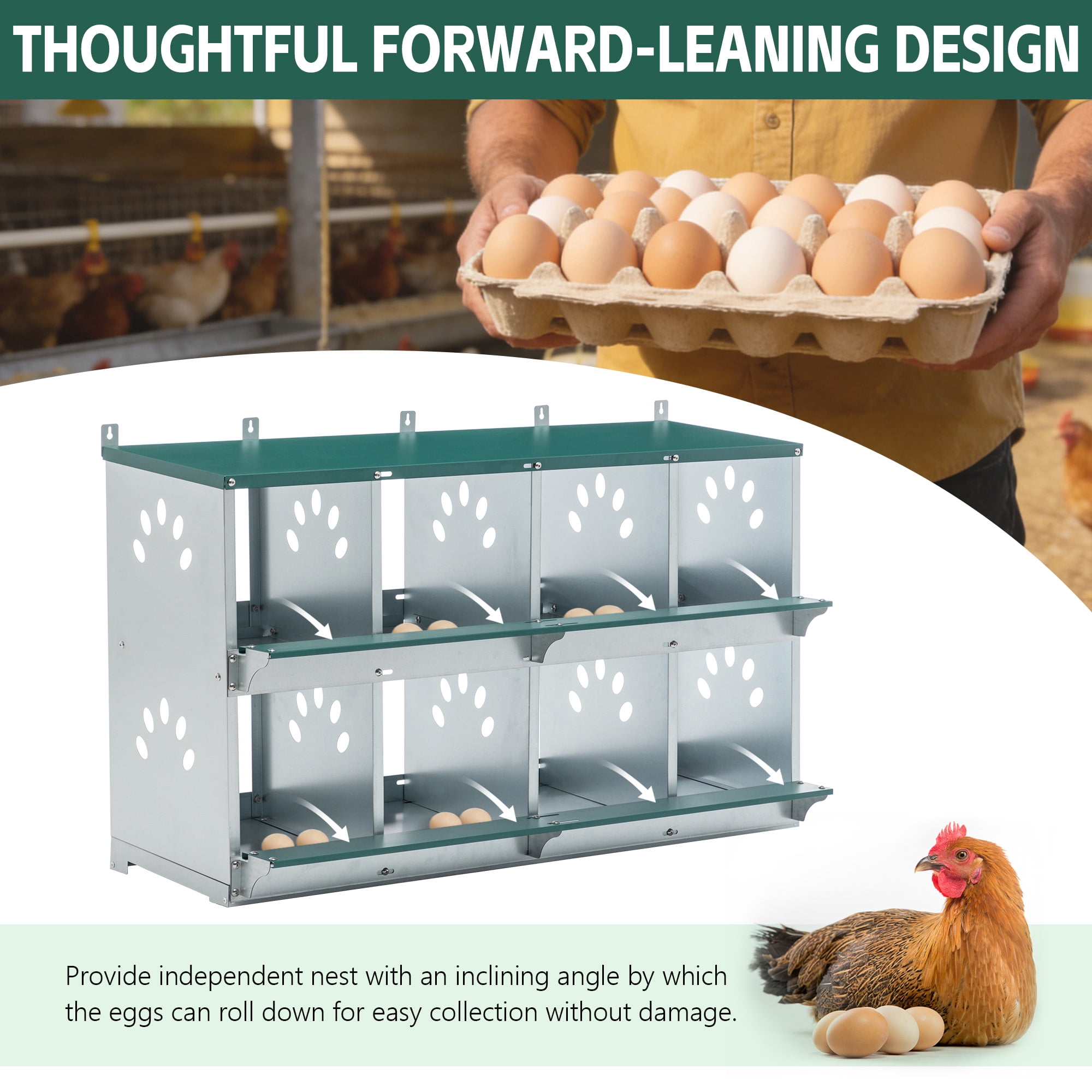 8 Compartment Galvanized Steel Chicken Nesting Boxes, Wall Mount Poultry Laying Box with Large Vents, Roll-Out Egg Design for Hens (Green)
