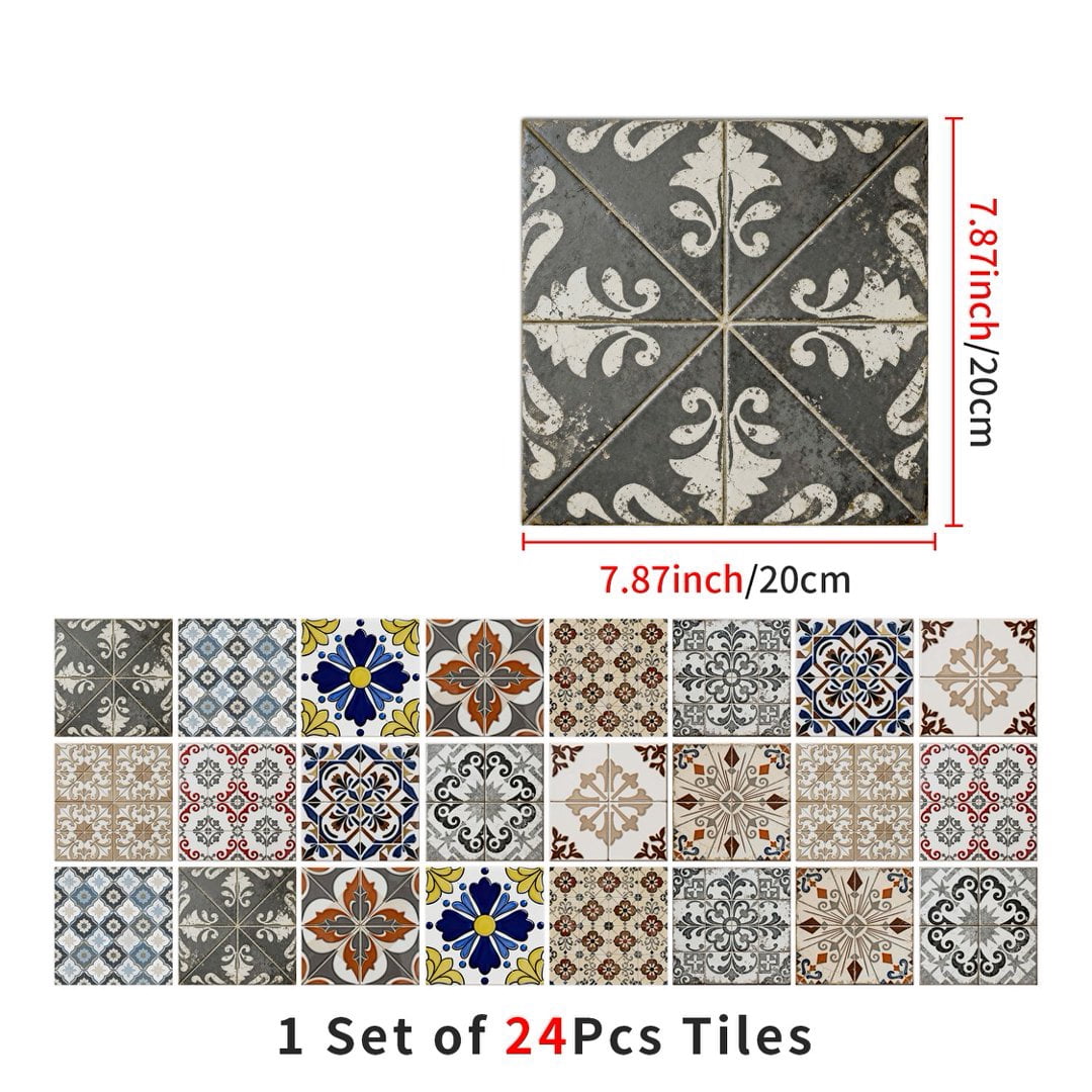 24Pcs Self Adhesive Tile Sticker Peel and Stick Backsplash 7.87" x 7.87" DIY Decor Multicolor Flowers Wall Stickers Waterproof Vinyl Decals