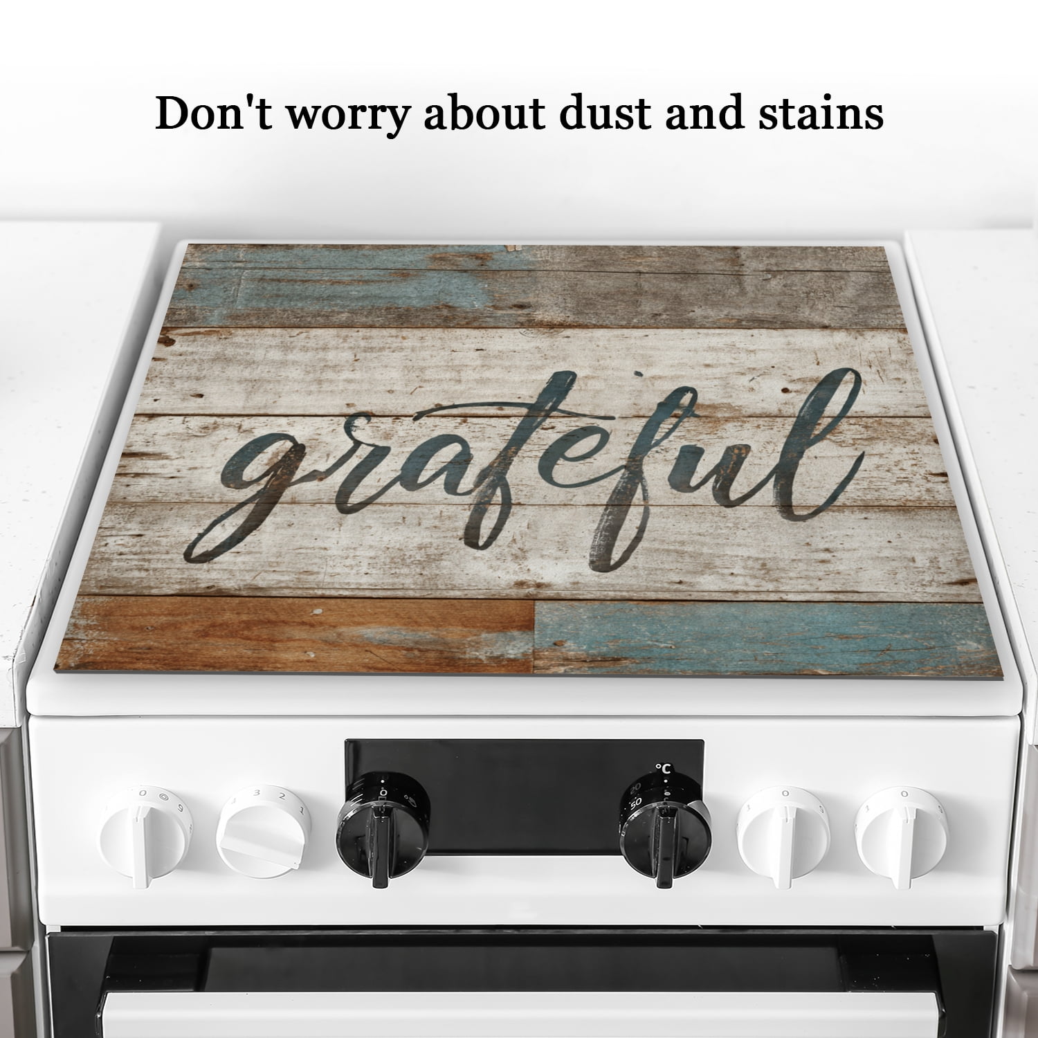 Rustic Square Glasstop Stove Covers, Weathered Wood Grateful Print Heat Resistant Stovetop Cover, Non-slip Washable Square Kitchen Decor Accessories Mat for Kitchen RV (28×20 Inch)