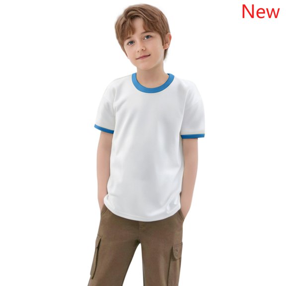 Boys Short Sleeve Ringer T-Shirt, Contrast Crewneck Blank Basic Tee, Regular Fit Lightweight Casual Layering Top for Toddler Boys