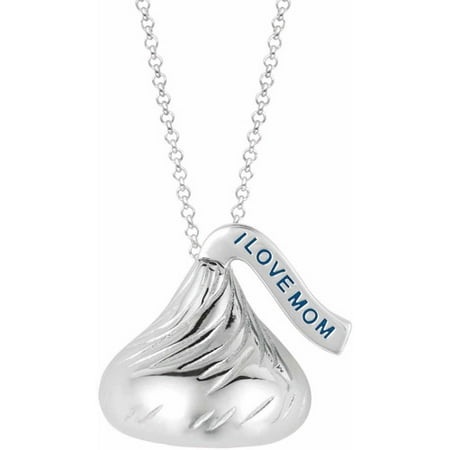 Hershey's Kisses Women's Sterling Silver Medium Flat Back I LOVE MOM on Plume Pendant, 16 with 2 Extension