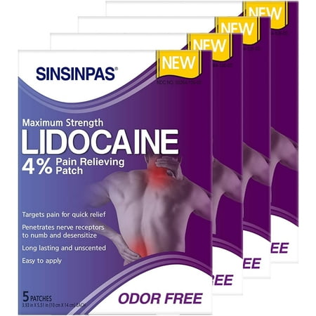 SINSINPAS Maximum Strength Lidocaine 4% Pain Relieving Patch 4 Pack (20 Patches Total) Pain Relief Patch