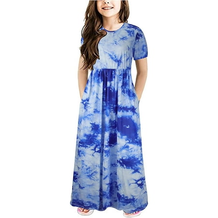 

YOUI-GIFTS Girl s Summer Short Long Sleeve Stripe Holiday Dress Maxi Dress with Pocket Size 3-16T