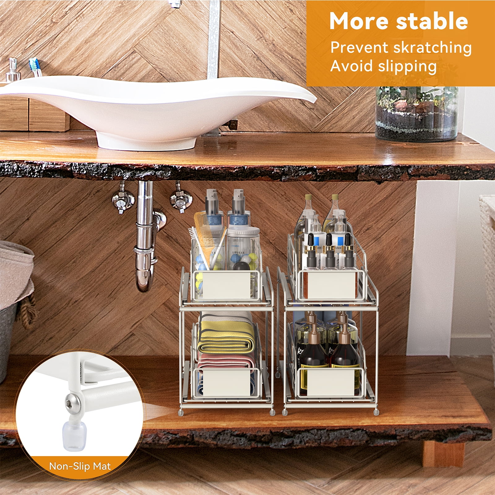 2-Tier Cabinet Storage Organizer Baskets with Sliding Drawer Set of 2, White