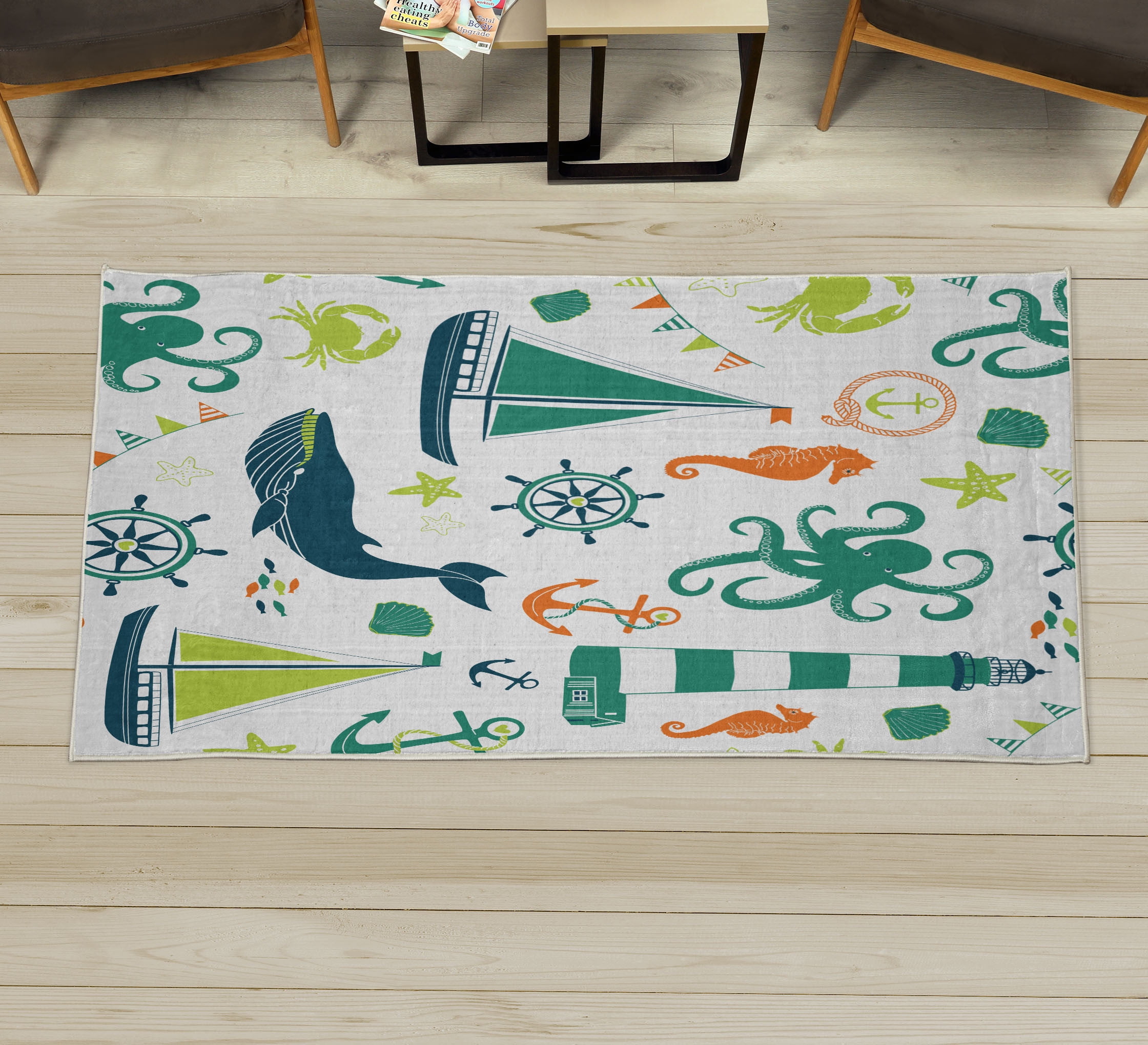 Nautical Decorative Rug, Pastel Colored Composition of Lighthouse ...