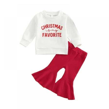 

SYNPOS Newborn Baby Girls Christmas Outfits My 1st Christmas Letter Print Long Sleeve Top Bell Bottoms Xmas Clothes Set