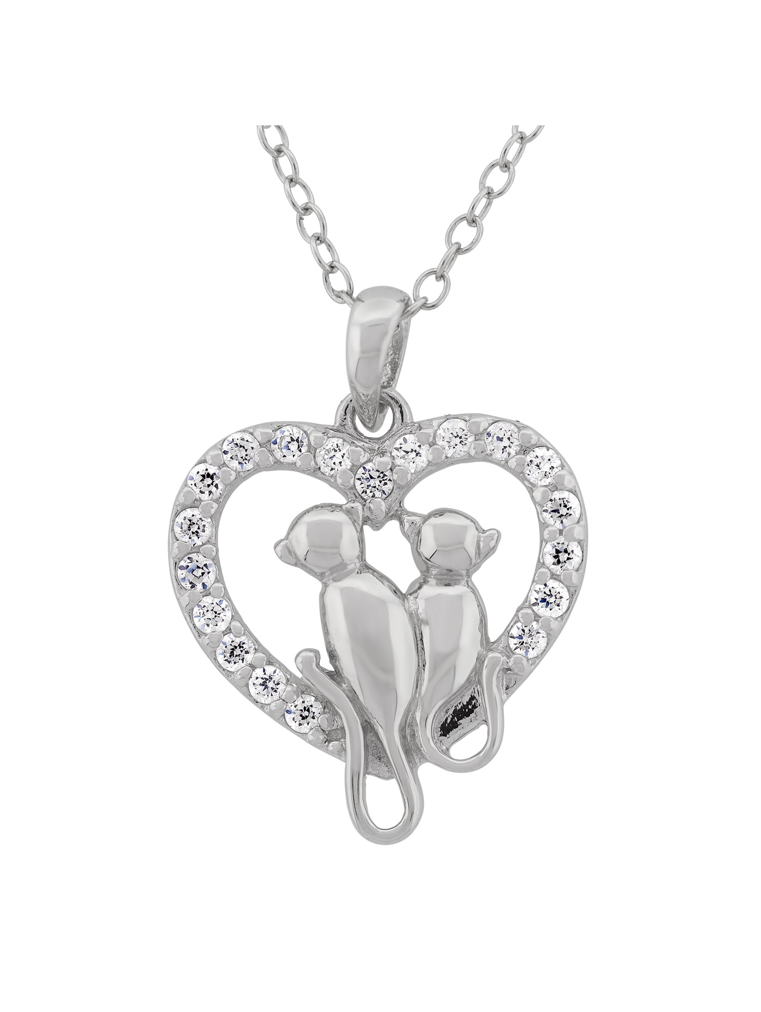 CZ Sterling Silver Cat Heart Pendant, 18"