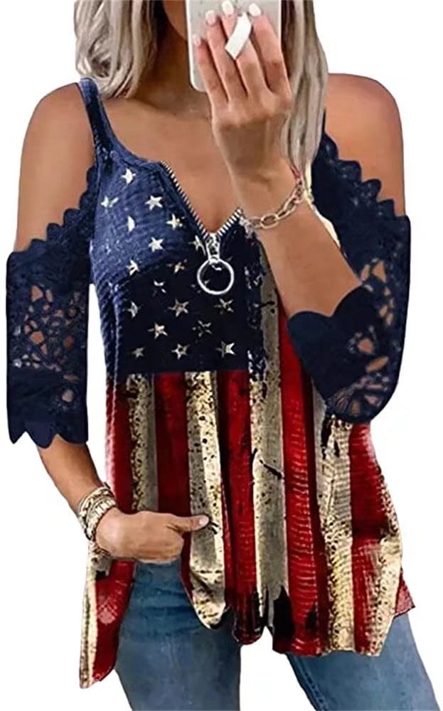 Beopjesk Womens Lace Sleeve American Flag Stars Stripes Shirts Blouse ...