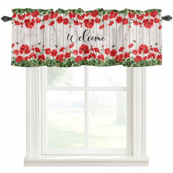 Farmhouse Red Floral Window Valance Curtain Rustic Wooden Rod Pocket Valance for Windows Short Curtain for Living Room, Bedroom & Kitchen Window Decor 42x12in
