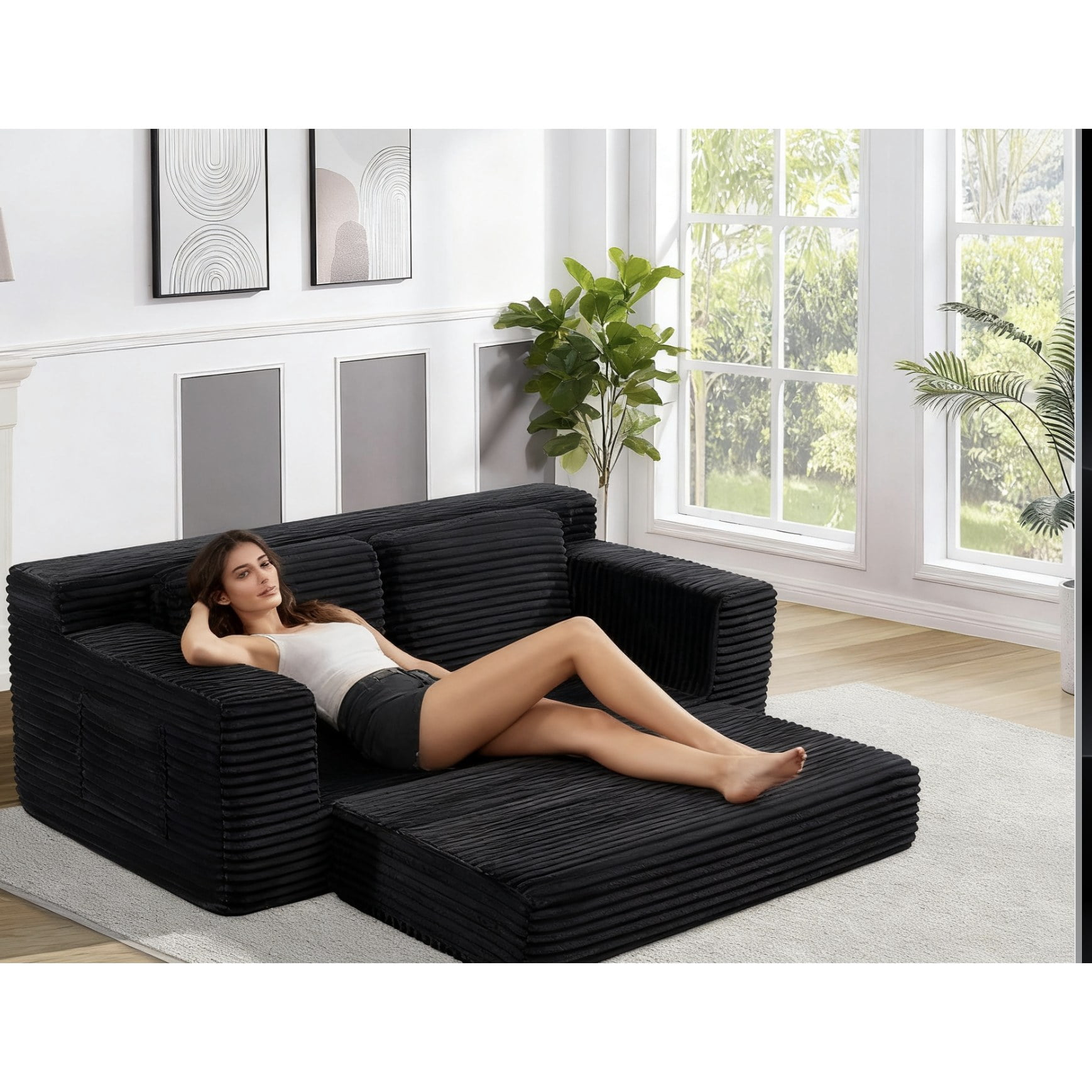 Corduroy Cloud Double Sofa, 2-in-1 Convertible Sofa Bed, Comfortable Boneless Double Sofa, Suitable for Living Room, Apartment, Small Space Black