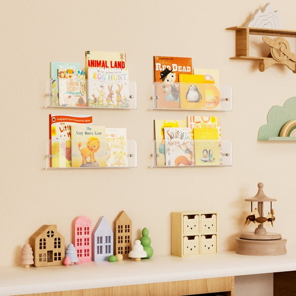 Lifewit Nursery Bookshelf 6 Pack, 15" Floating Shelves for Wall Mounted, Clear Acrylic Kids Magazine/Picture Hanging Racks for Baby/Toddler/Children in Bedroom, Living Room Decor