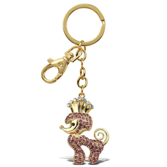 Aqua79 Magenta Poodle Queen Dog Keychain - Gold 3D Sparkling Charm Rhinestones Fashionable Stylish Metal Alloy Durable Key Ring Bling Crystal Jewelry Accessory with Clasp for Key Chain, Bag, and Purse