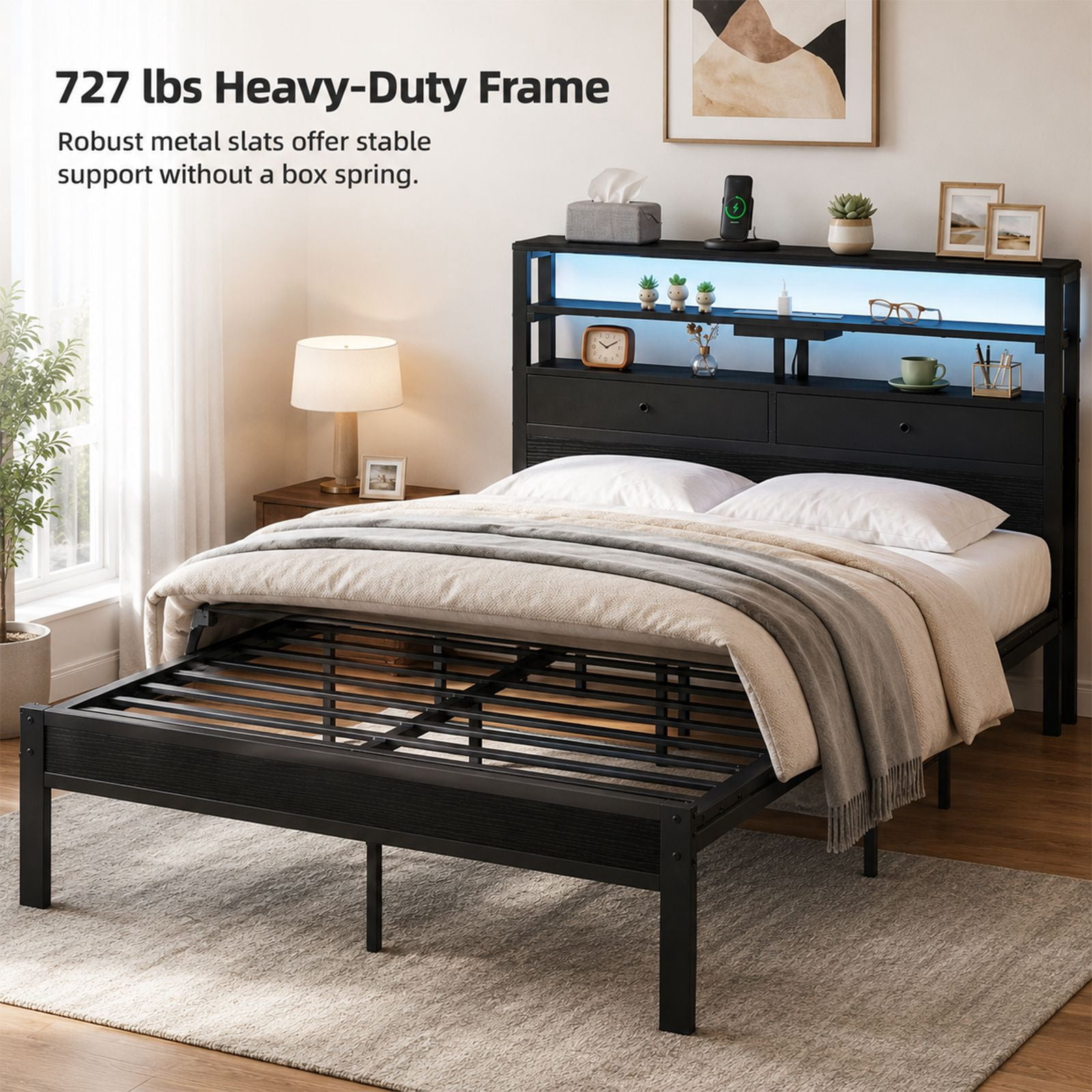 Alvantor Bed Frame with Storage Headboard, Sturdy Metal Platform Bed Frame with LED Lights and Charging Station, Easy Assembly, No Box Spring Needed, Noise Free