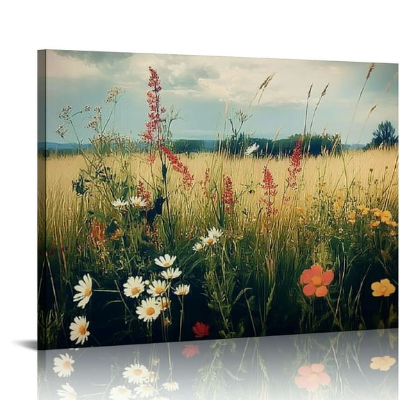 BCIIG Vintage Wall Art, Classical Wildflower Field Wall Painting Canvas Prints Farmhouse Wall Art French Country Wall Decor Vintage Landscape Art Pictures for Bathroom Kitchen Decor 20x16in