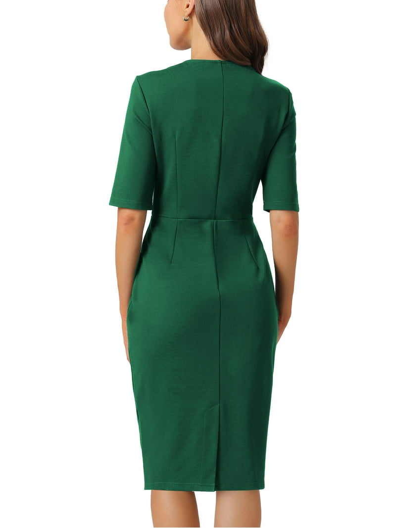 Inspire Chic Women's Sheath Dress Square Neck Zip Up Short Sleeve Wear-to-Work Pencil Midi Dresses L Dark Green, Size: Large