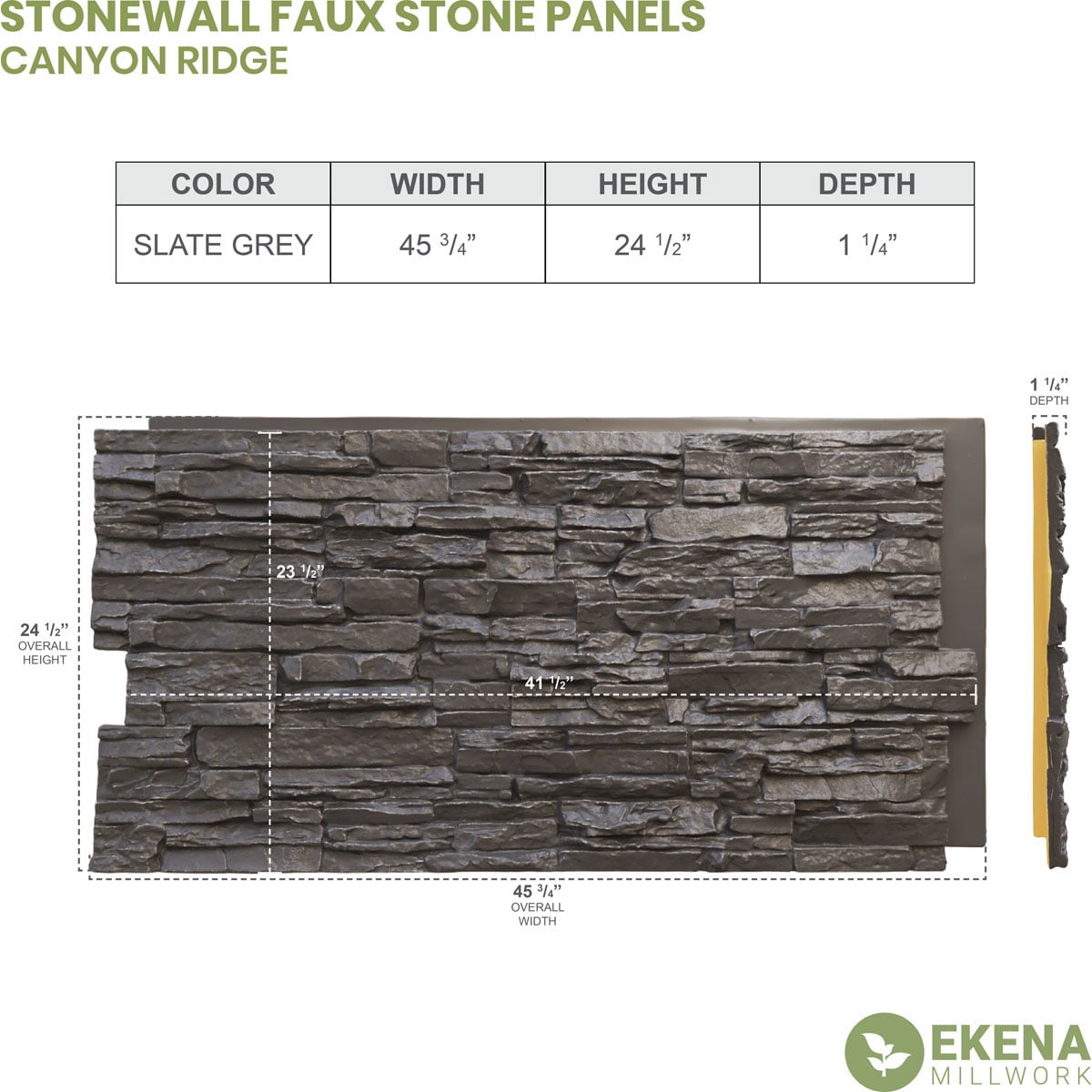 Ekena Millwork 45.75"W x 24.50"H x 1.25"D Canyon Ridge Stacked Stone, StoneWall Faux Stone Siding Panel, Slate Gray