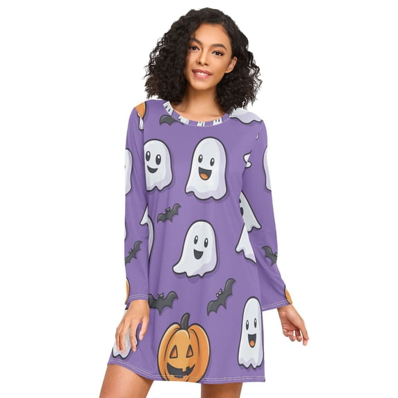 FORMRS Womens Long Sleeve Nightgowns Crew Neck Sleep Shirt Soft Pajamas Sizes S-3XL, Halloween Ghosts Purple