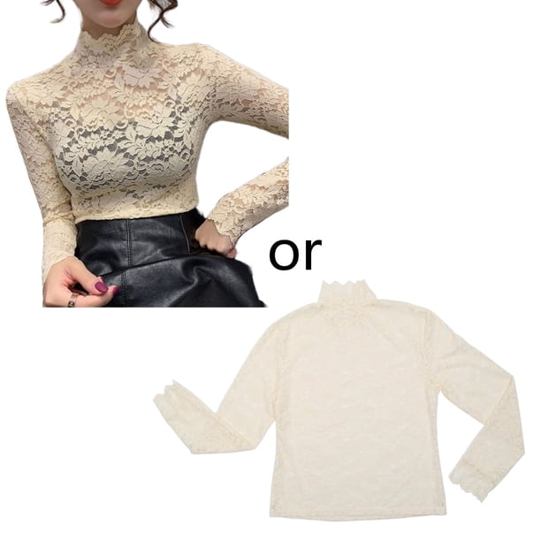 Blusa ajustada de malla con cuello alto y manga larga con encaje floral transparente para mujer