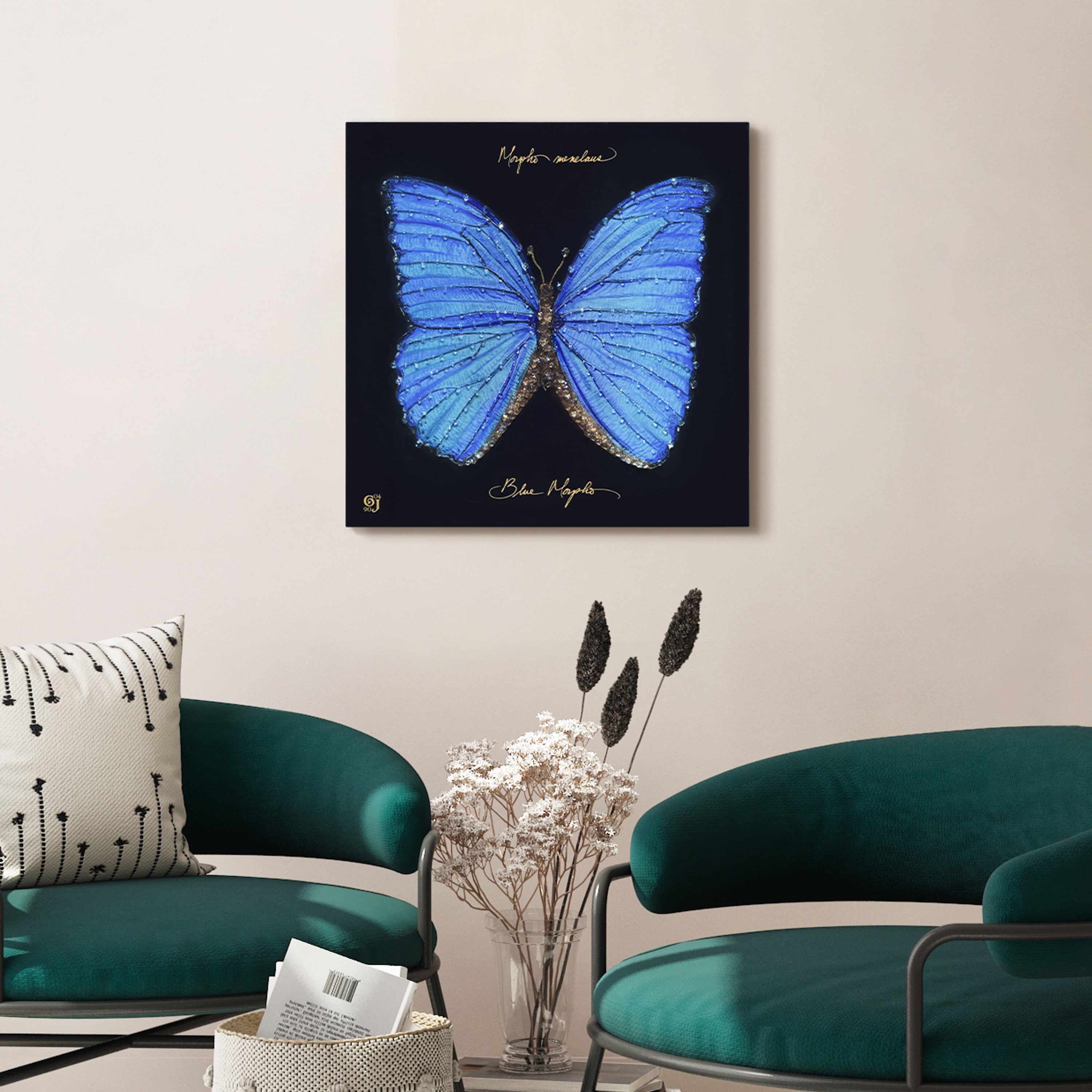 "Monarch Elegance Set" Crystallus Epoxy Coated Wrapped Glossy Butterfly Canvas Wall Art with Heavy Acrylic Crystal Shards Embellishments, Gold Foil Accents