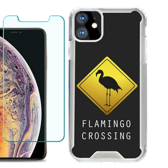 For Apple iPhone 11 Case, Hybrid Bumper Phone Case, with Tempered Glass Screen Protector, by OneToughShield ® - Flamingo