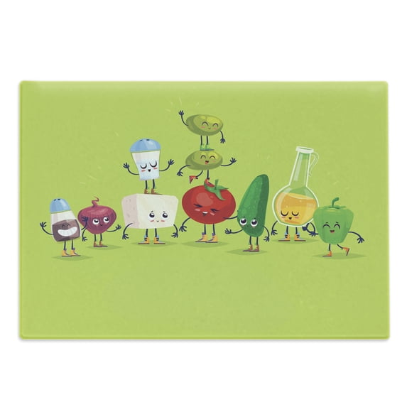 Vegetable Cutting Board, Cartoon Greek Salad Ingredients in Characters Fun Olive Oil Lemon Cheese, Decorative Tempered Glass Cutting and Serving Board, in 3 Sizes, by Ambesonne