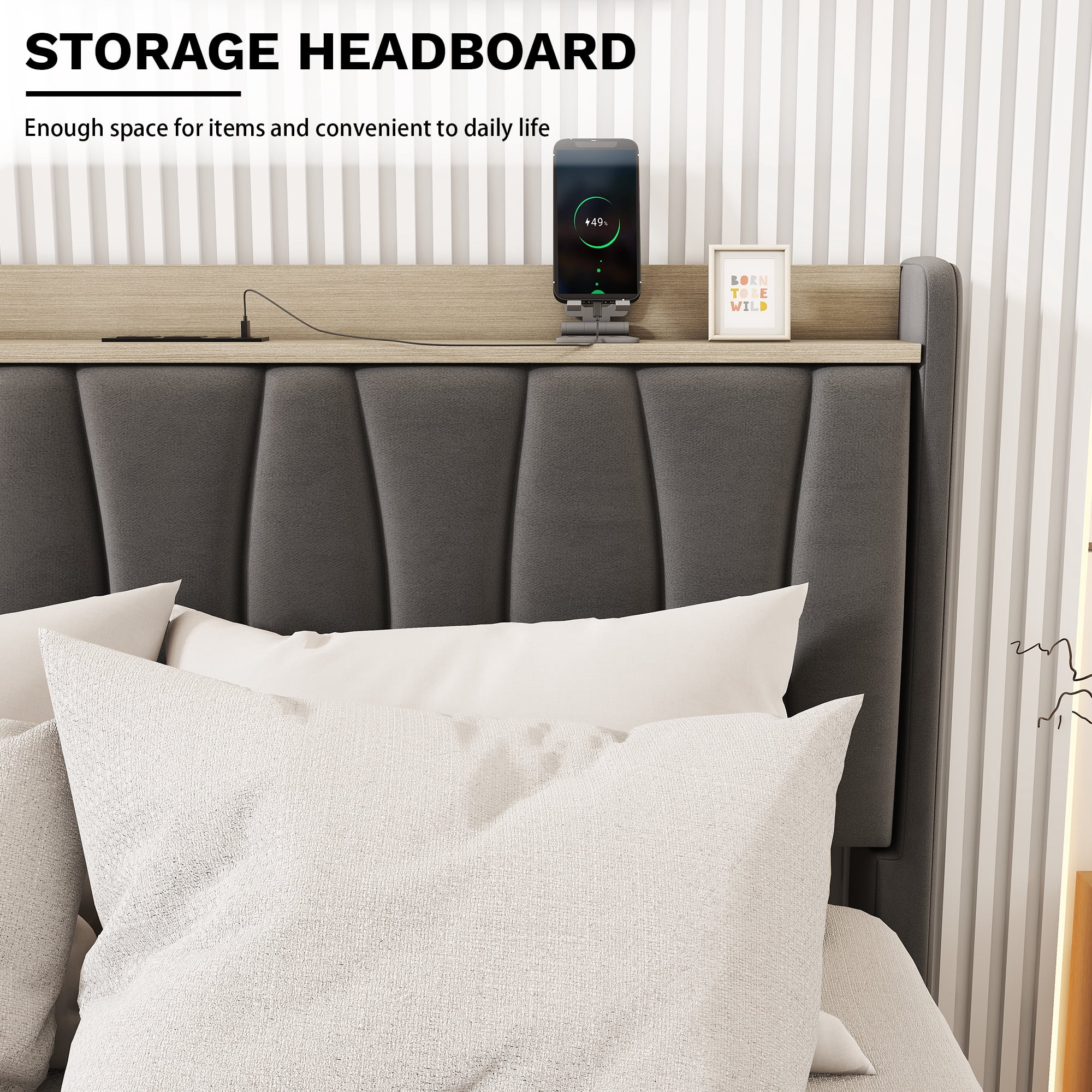 Leumius Queen Size Bed Frame with Storage Headboard & USB Charging Station,Upholstered Platform Bed with 3 Storage Drawers,No Box Spring Needed,Dark Gray