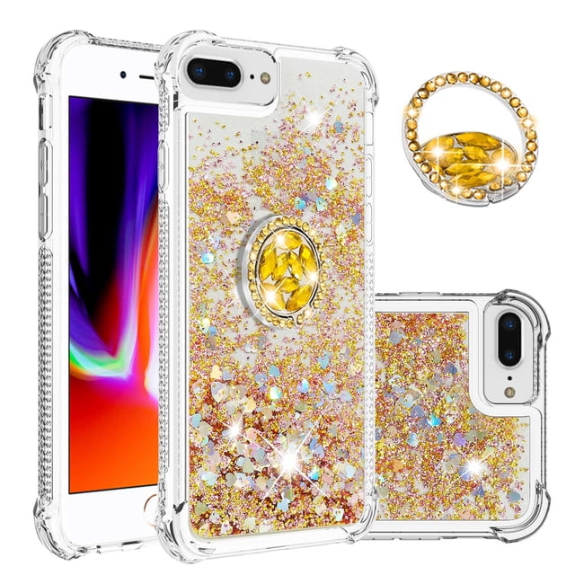 Funda para iPhone 8 Plus/iPhone 7 Plus con Brillo Líquido Flotante, Purpurina, Parachoques y Anillo Giratorio Soporte
