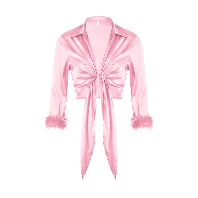 VISgogo Camisa de mujer, manga 3/4, cuello vuelto, puños esponjosos, blusa con lazo frontal, blusas de fiesta para club VISgogo moda