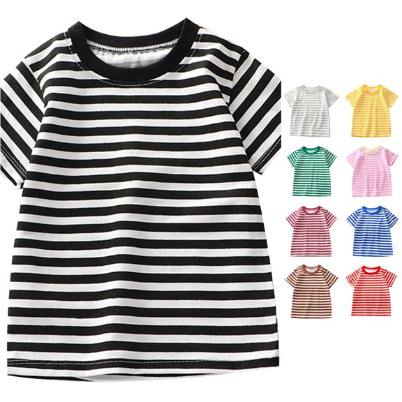 WEIGFI Toddler Kid Girls Tshirts Striped Graphic Tees School Outdoor Playwear Short Sleeve Crew Neck Casual Daily Wear Summer Cozy Party Tops,Black,18-24 Months