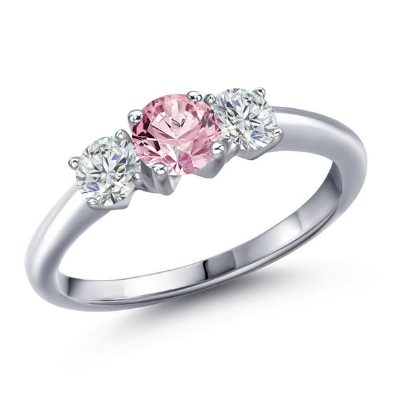 Gem Stone King 925 Sterling Silver Pink and White Lab Grown Diamond Engagement Ring for Women | 1.04 Cttw | Round 5MM | Gemstone April Birthstone | Size 7
