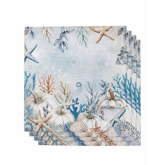Thanksgiving Coastal Cloth Napkins Set of 4 Reusable Dinner Napkins, Blue White Pumpkin Starfish Coral Cocktail Napkin Washable Table Napkins for Wedding/Holiday Party/Baby Shower 20"x20"