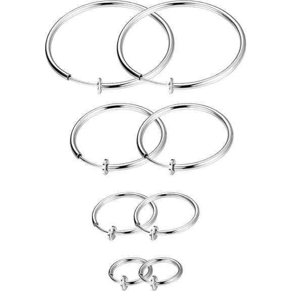Yomhary 4 Pairs Clip-on Hoop Earrings Set for Women Men - Non-Pierced Earrings, Silver-Tone Finish