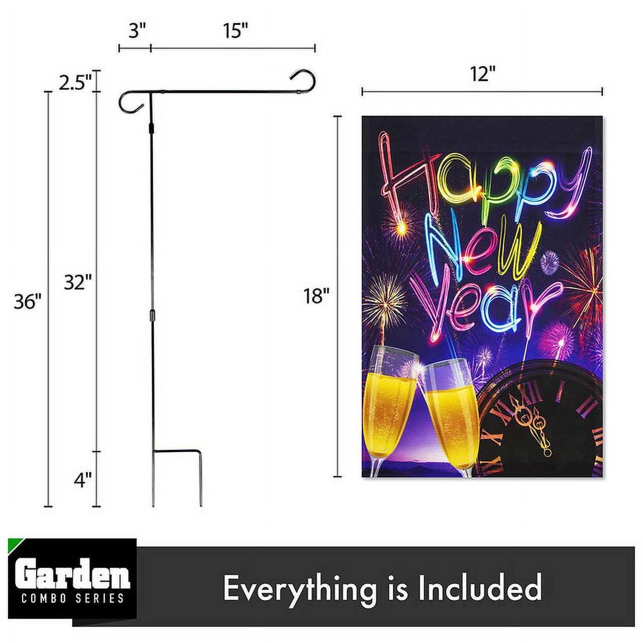 G128 Sets: 36"x16" Garden Stand Stake AND 12"x18" Garden Flag New Year Set Fireworks and Champagne