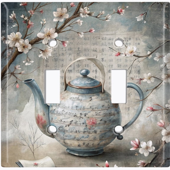 Metal Light Switch Wall Plate Outlet Cover (Printed Image of Teapot with Cherry Blossoms - Double Toggle)