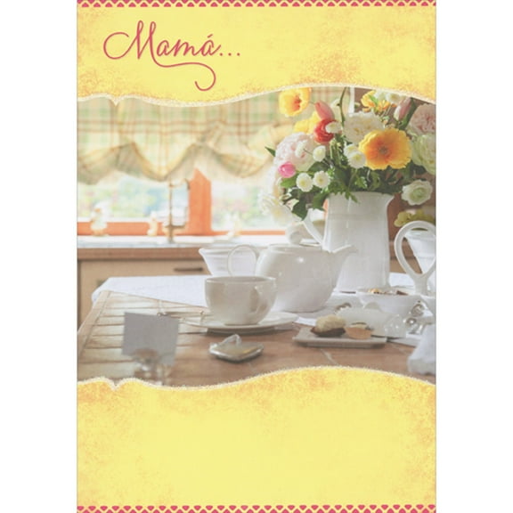 Designer Greetings White Teacups and Flower Vase on Kitchen Table Photo with Yellow Border Spanish Language Mother's Day Card for Mom