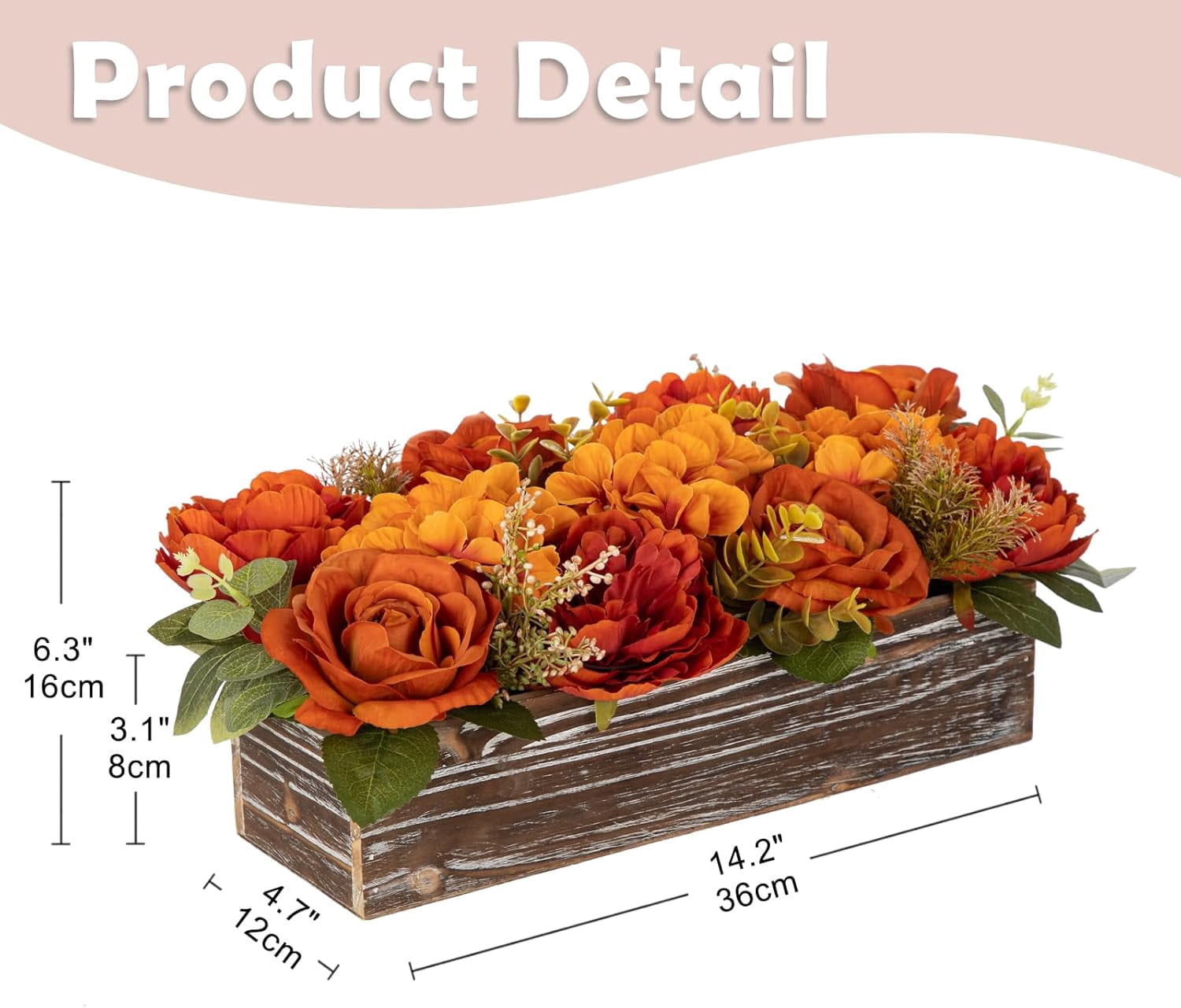 Flower Arrangement with Wooden Vase 14" Artificial Flowers in Pot - Fake Flowers Roses Peonies Hydrangeas in Wooden Vase Potted Flower Centerpieces for Table Decor Living Room - Dried Orange