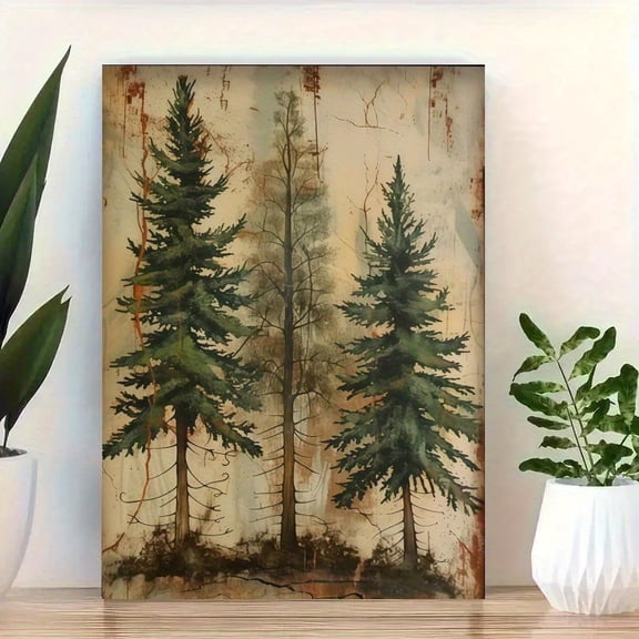1pc Solid Wood Frame Home Mural Decor, Vintage Plants, Pine Trees Wooden Frame Printed Poster Artwork Wall Decor, Can Be Directly Hung on The Wall, Home Wall Decor, Living Room Decor, Room Bedroom