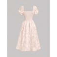 thumbnail image 4 of Pink Embossed Floral Midi Dress With Puff Sleeves Square Neck Fitted Waist, 4 of 8