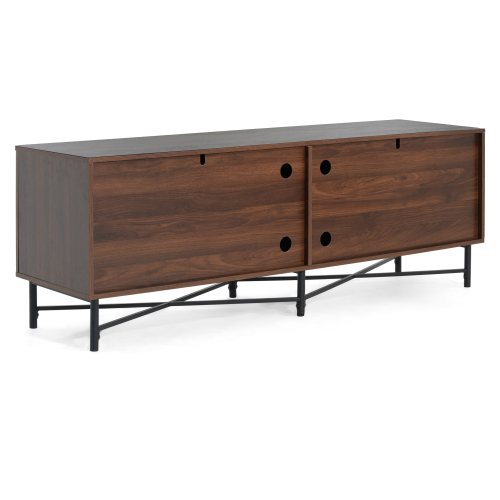 Functional 4-Door TV Cabinet, Modern Chestnut Entertainment Center with Adjustable Shelves, Cable Management, Iron Legs, Storage for Living Room, Fits 65 Inch TV, 66"x18"x23", Easy Assembly