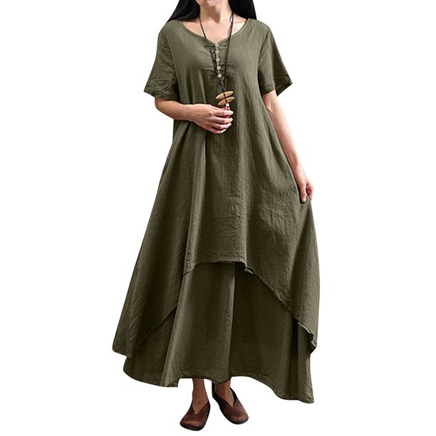 Nueva moda mujer vestido flojo ocasional del color sólido de manga corta boho summer maxi vestido la Meterk Café grande